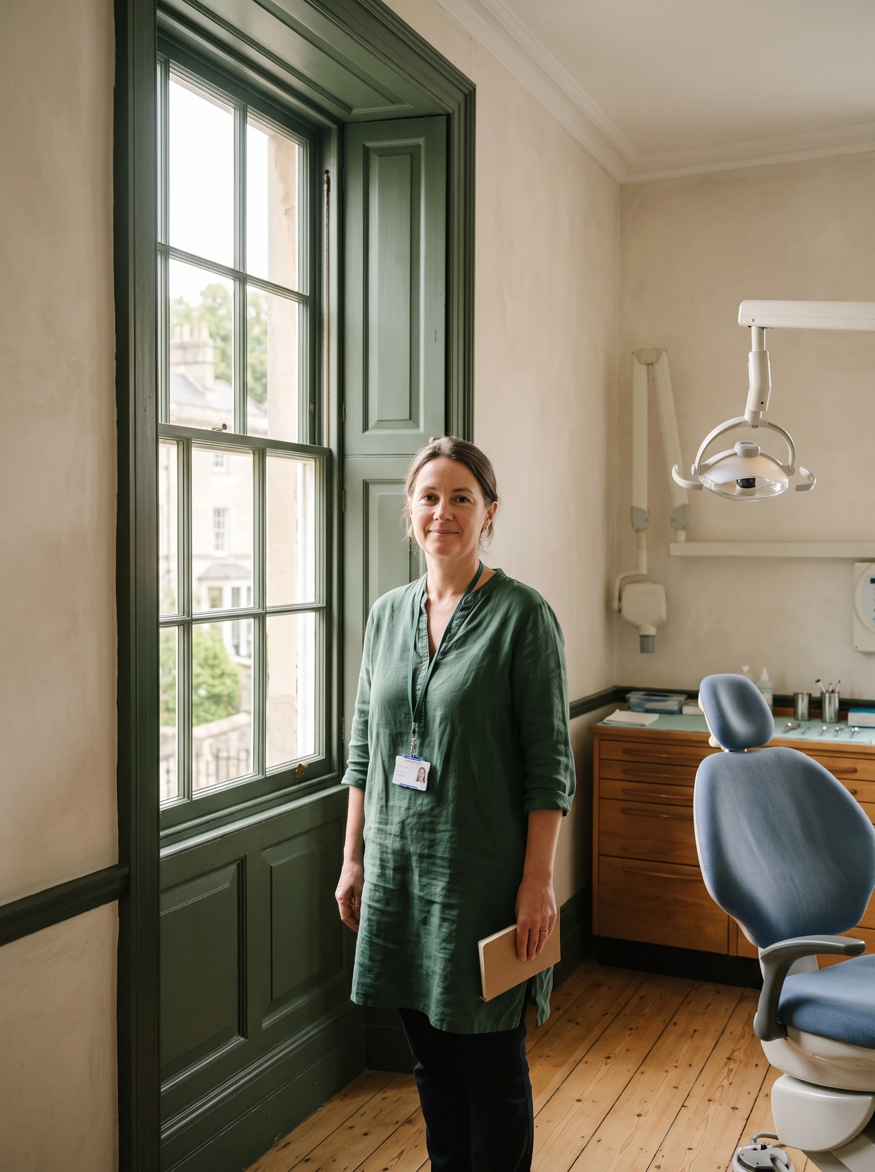 Dr Anna Wellow standing by the window of her surgery, looking toward the door
