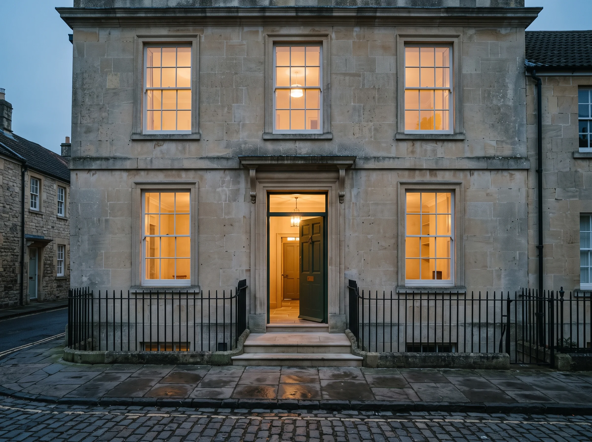 The house from across the lane at dusk, with the windows lit and the front door open
