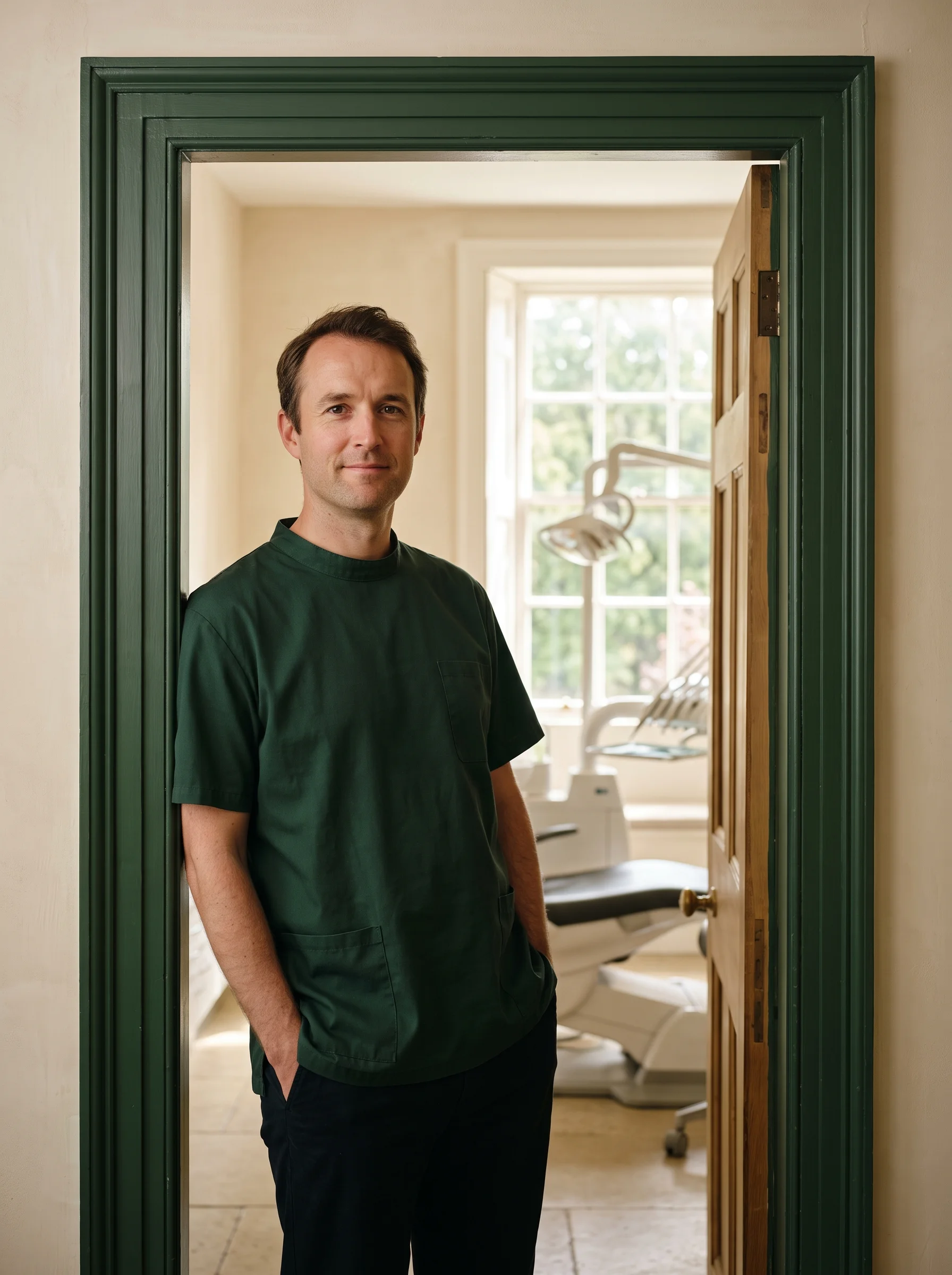 Dr Sam Hart standing in the doorway of his surgery, with the chair and the sash window behind him