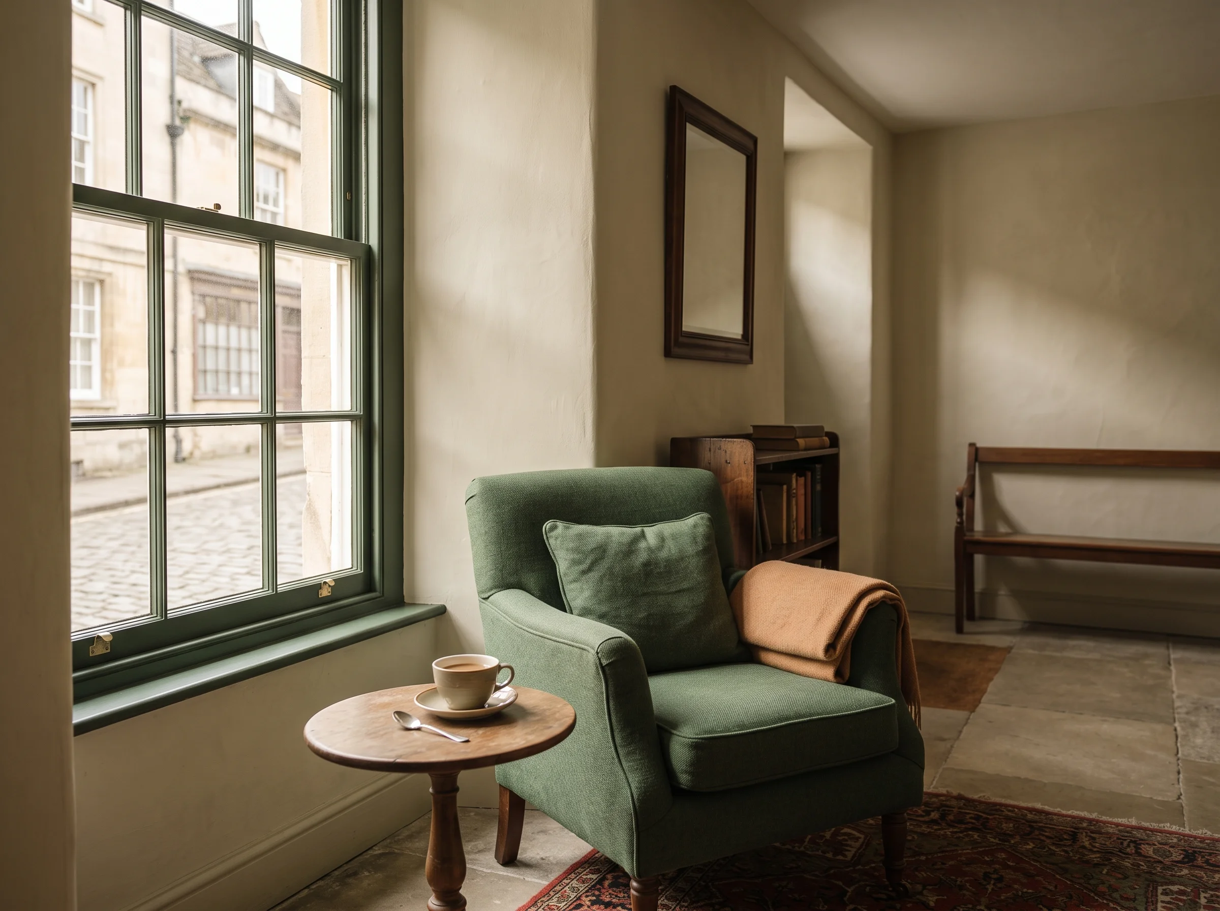 A soft chair by the waiting-room window with a cup of tea on the side table, nobody in it yet