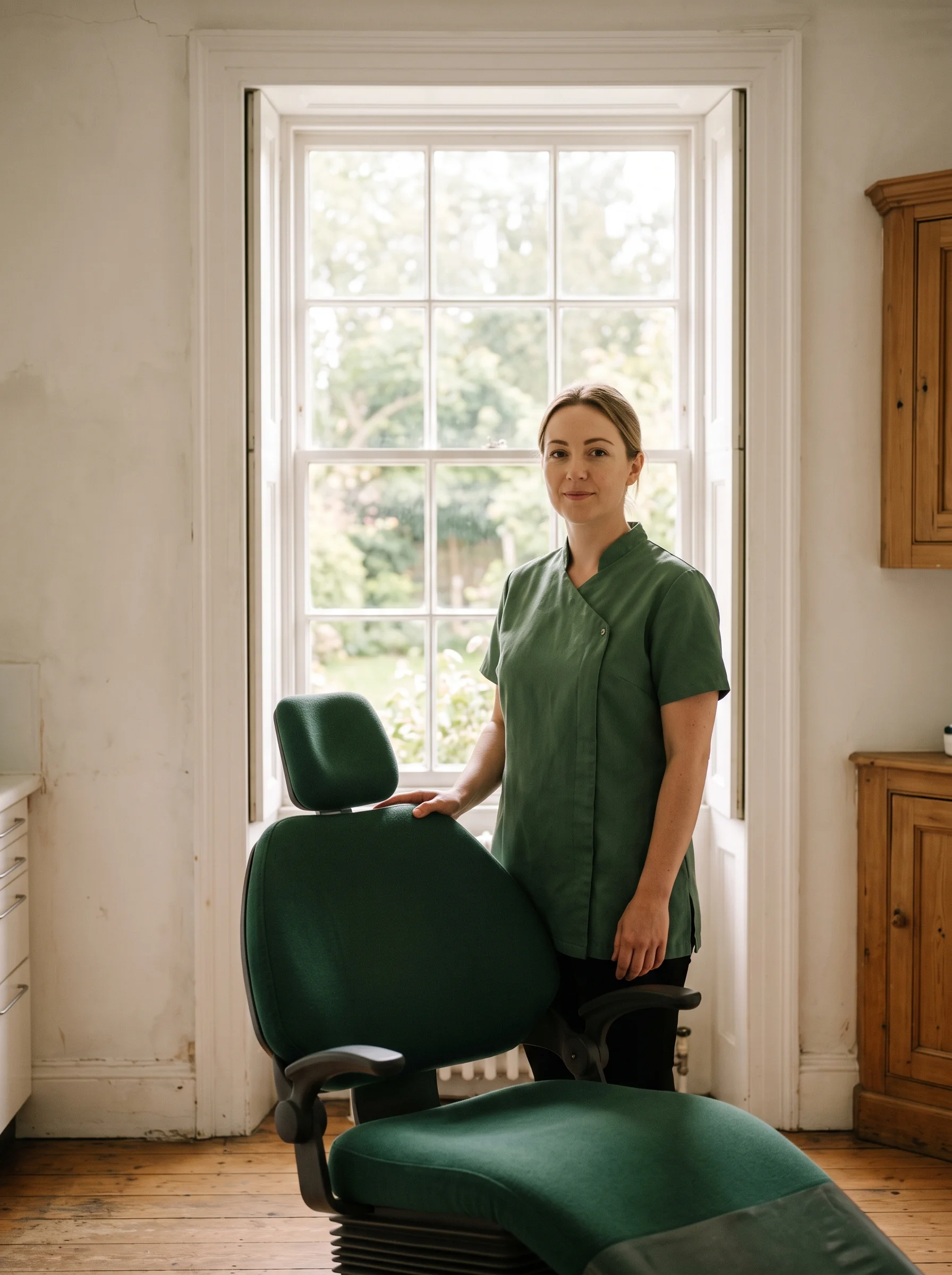 Leah, our hygienist, standing beside her chair with the sash window behind her