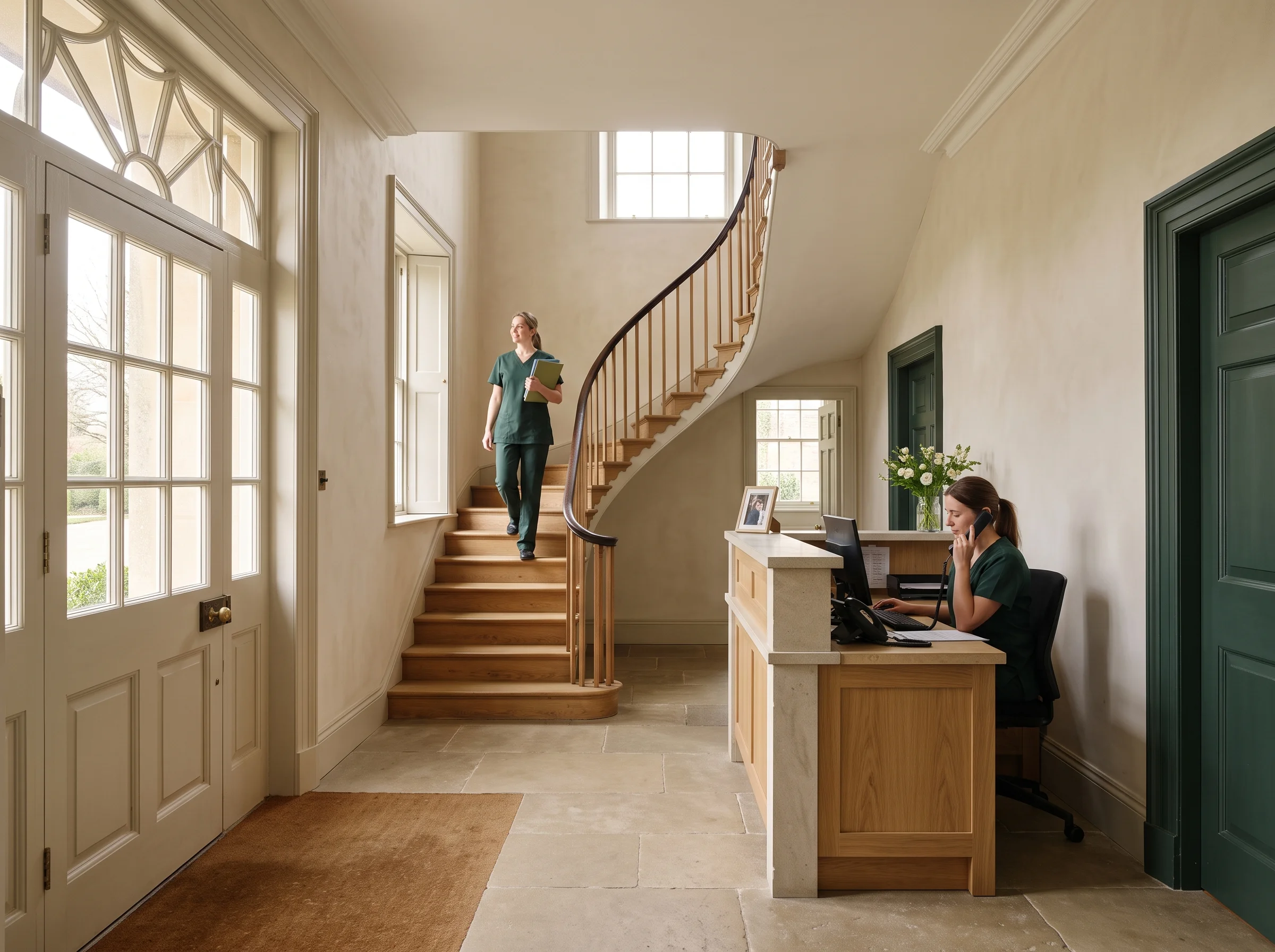 The two nurses in the hall, one at the desk and one on the stairs, in the middle of a morning