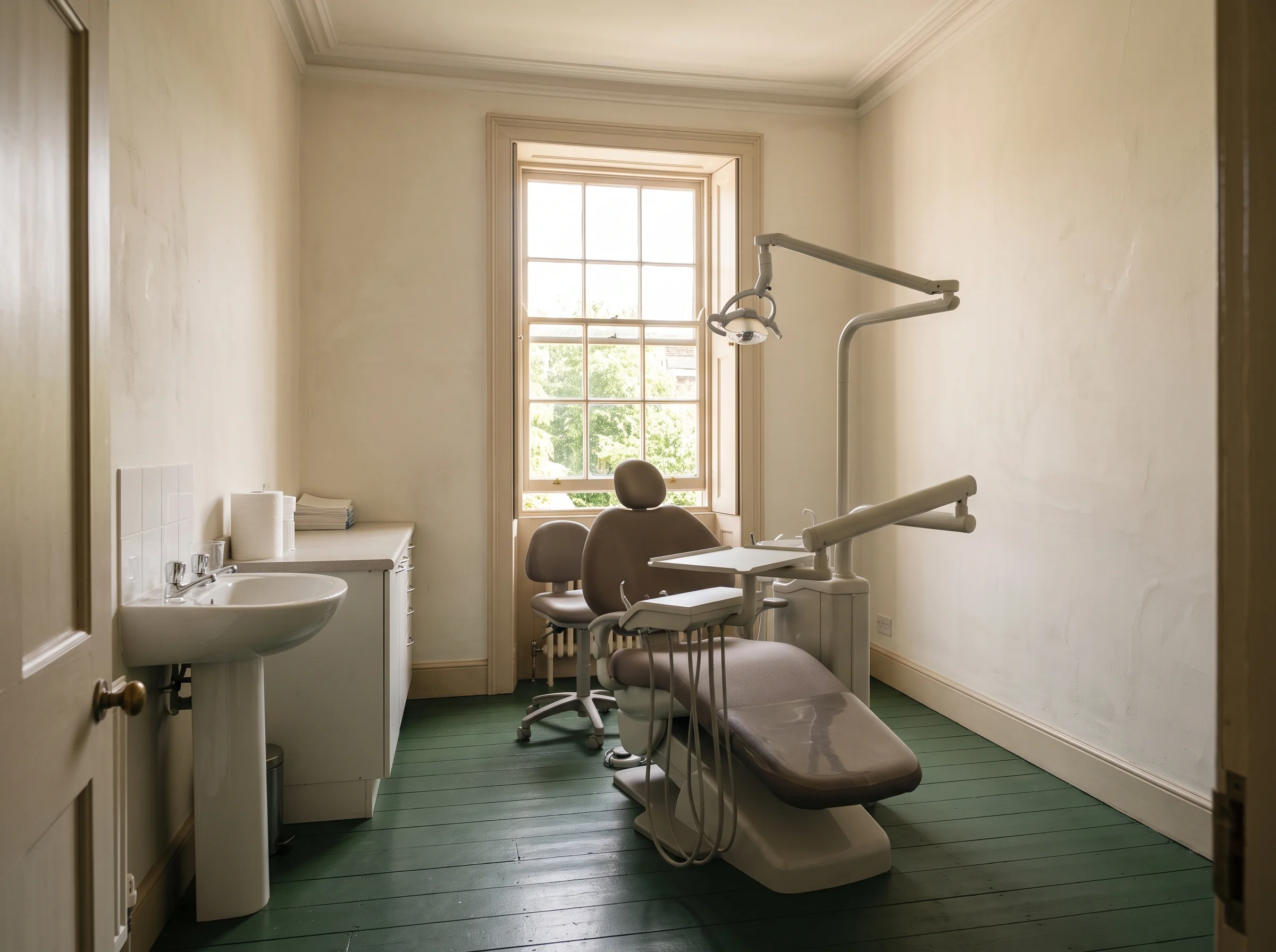Anna's surgery from the doorway, empty, with the window open a crack