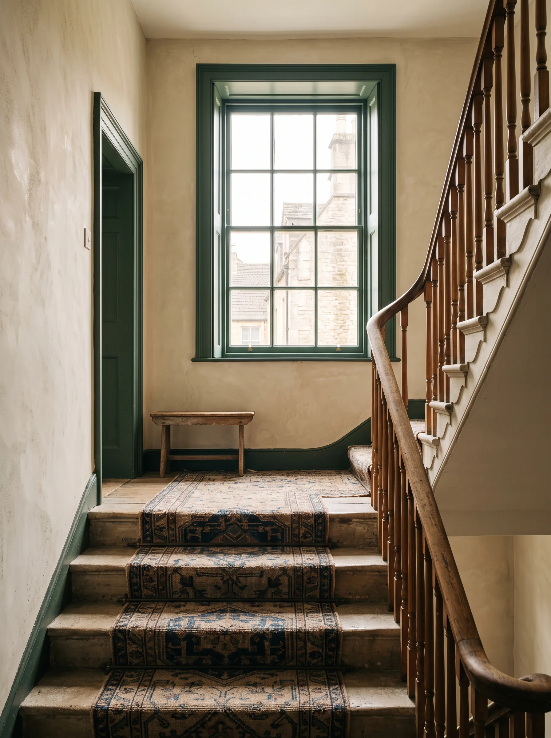 The landing window halfway up the stairs, with light on the treads