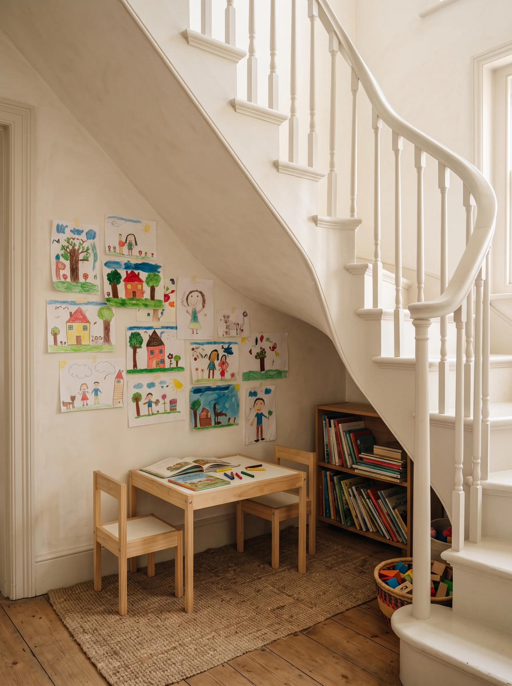 The children's corner under the stairs, with drawings pinned to the wall