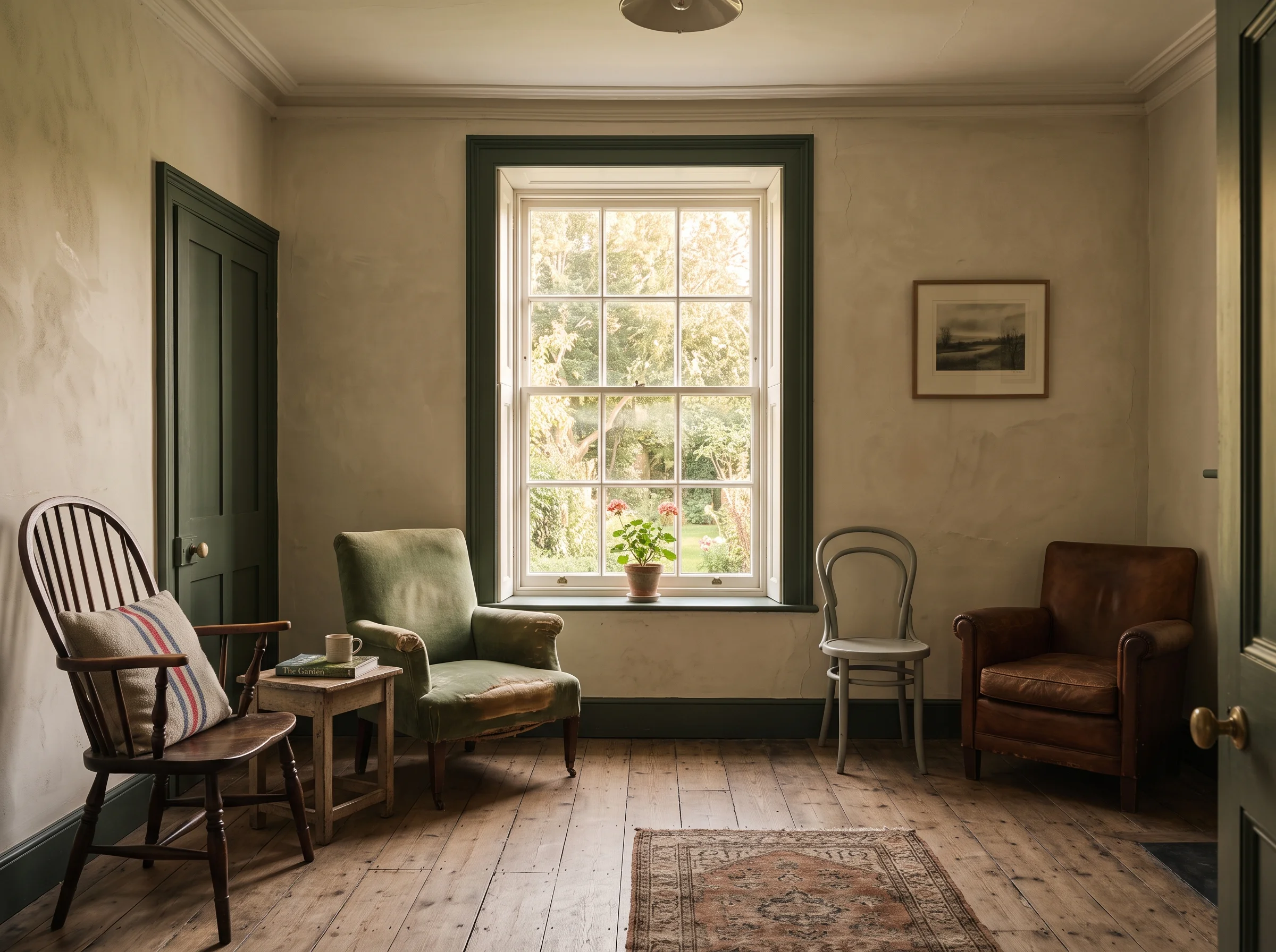 The waiting room in the afternoon, chairs that don't match and the window onto the lane