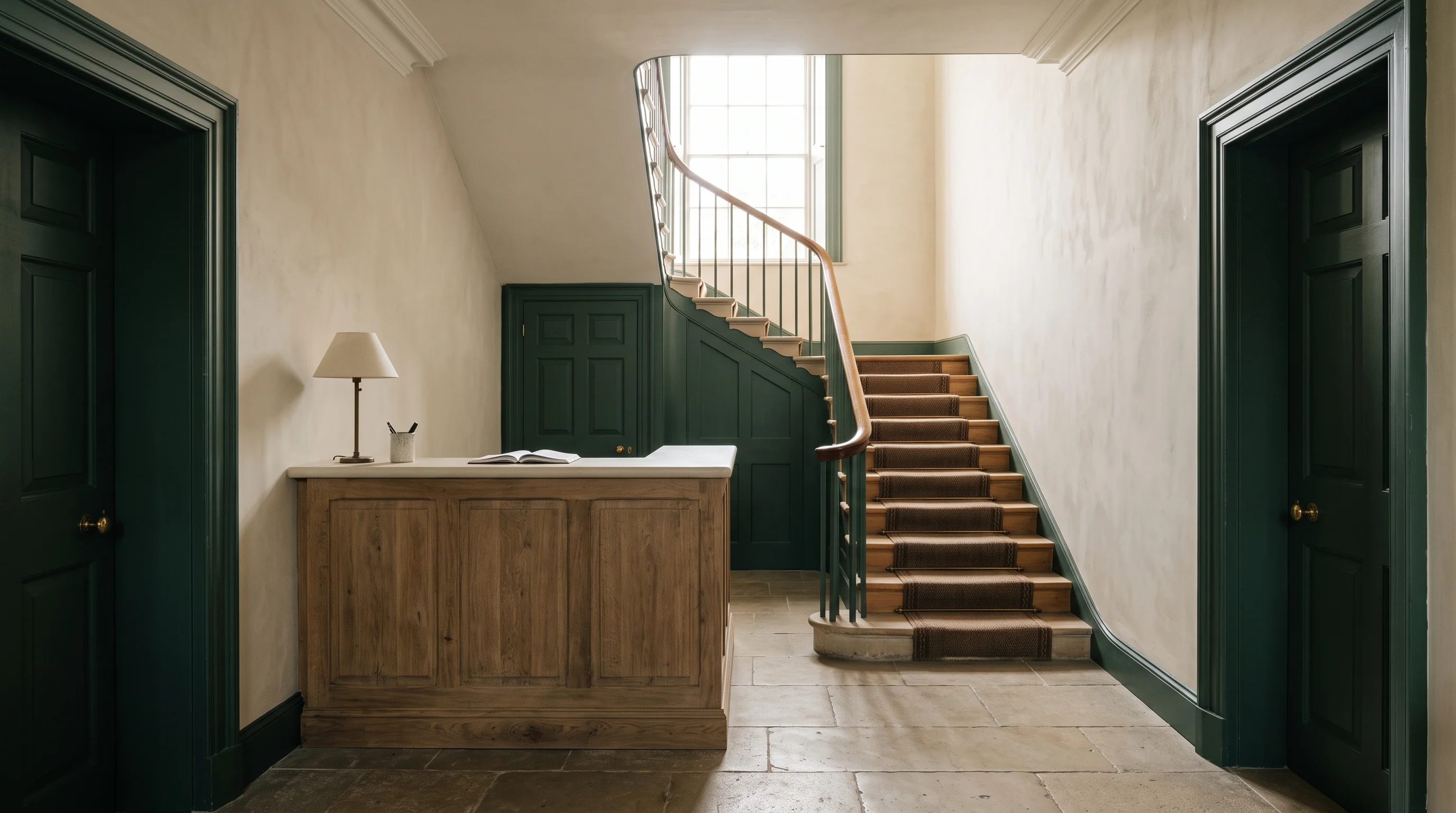 The hall and the stairs, with daylight coming down from the landing window