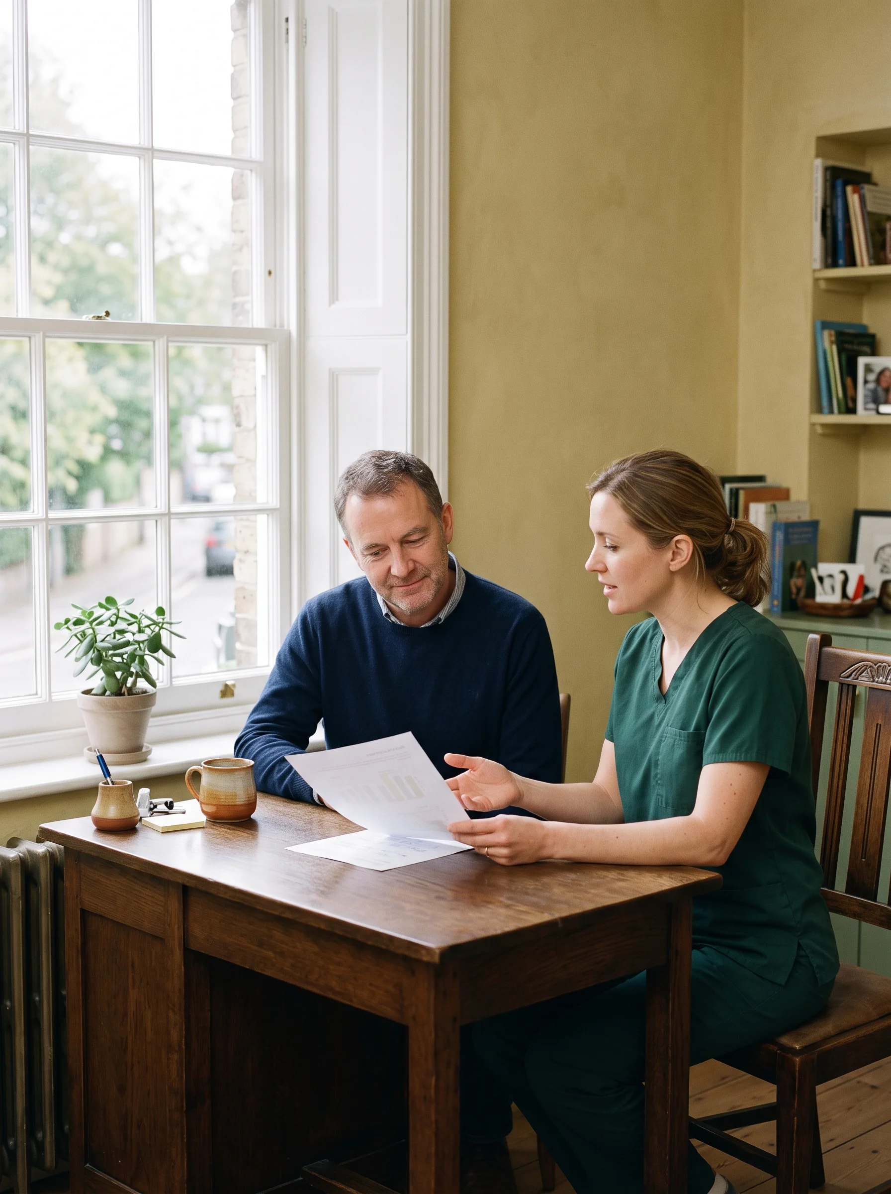 A healthcare professional in green scrubs sitting at a wooden desk with a man, looking at a document together by a window.