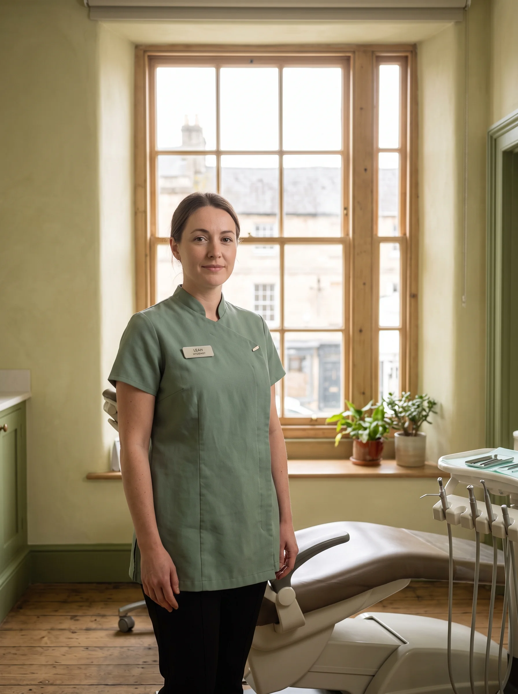Leah, our hygienist, standing by her chair with the window behind her