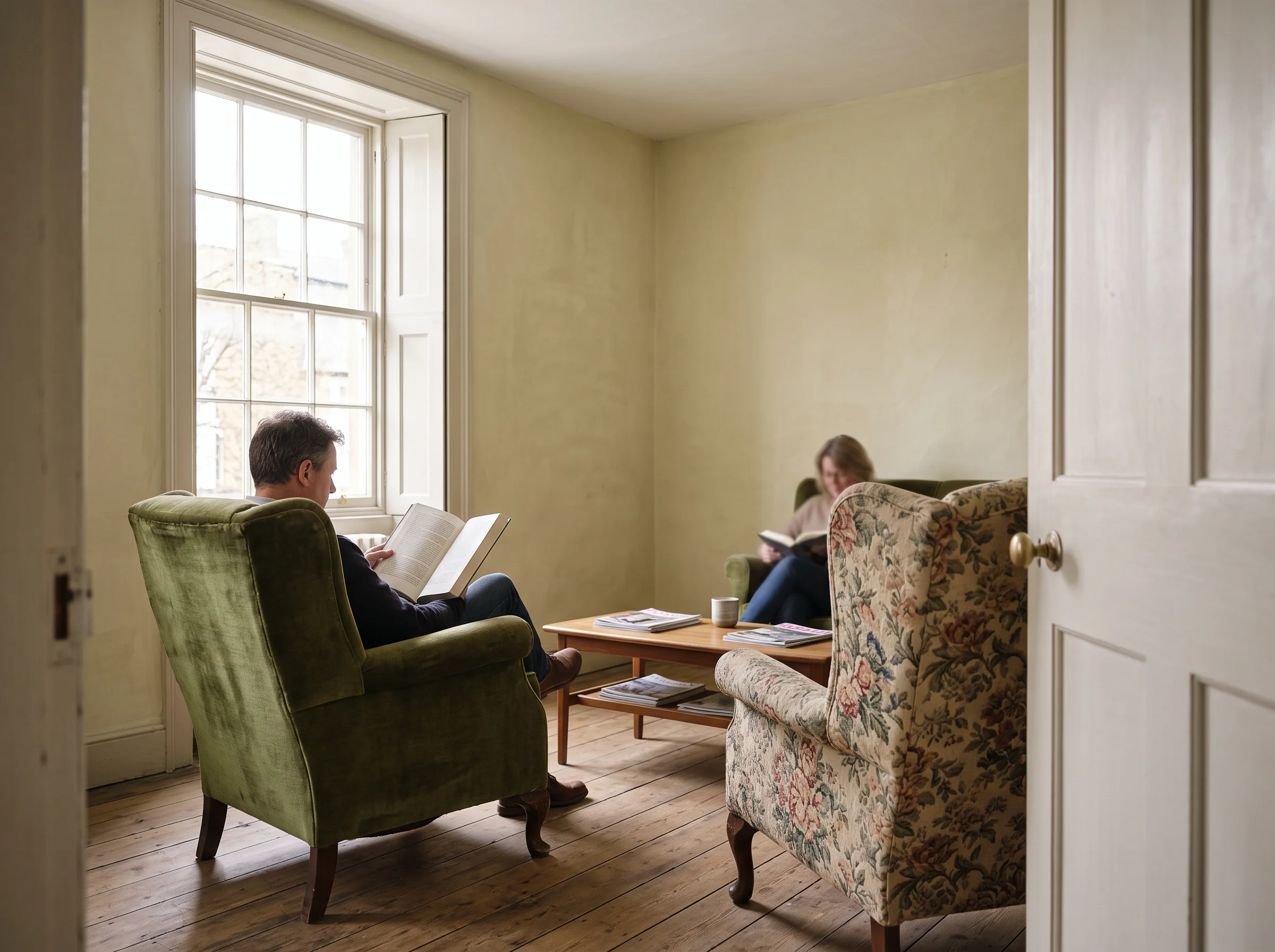 The waiting room: a sash window onto the lane, armchairs that don't match, and someone reading in the corner
