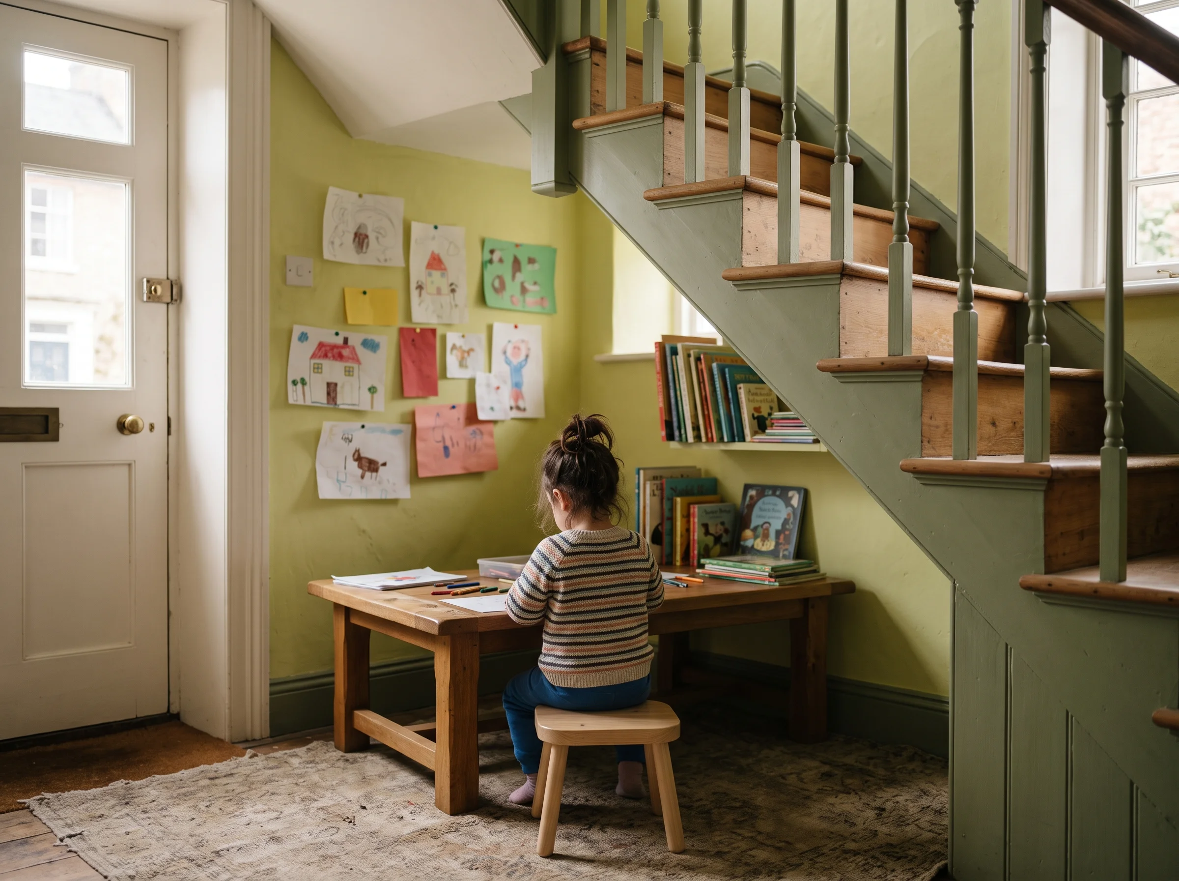 The children's corner under the stairs, with a low table, a box of books and drawings pinned up on the wall