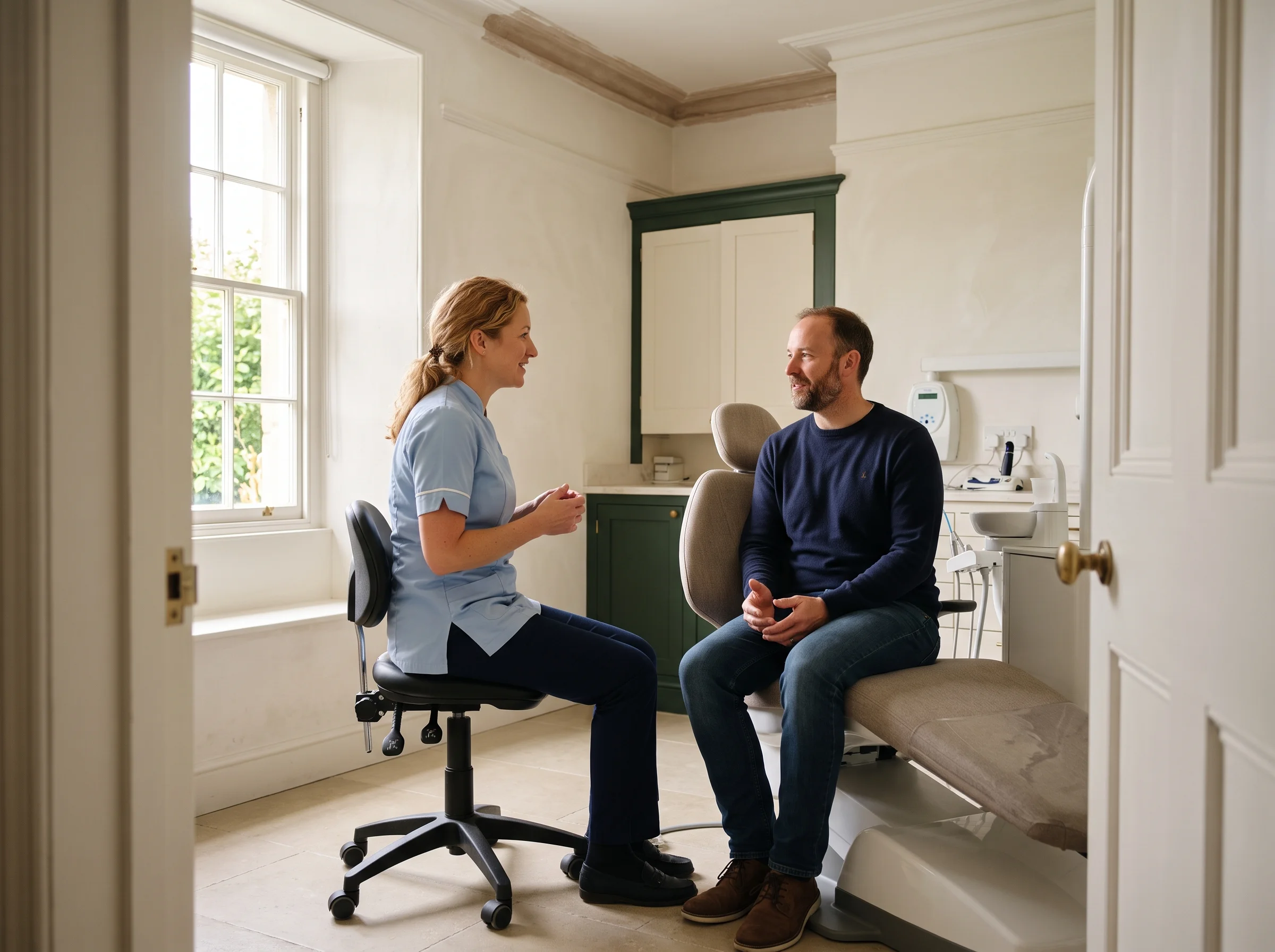Anna sitting on a stool beside the chair, at the same height as a patient sitting upright, the two of them talking